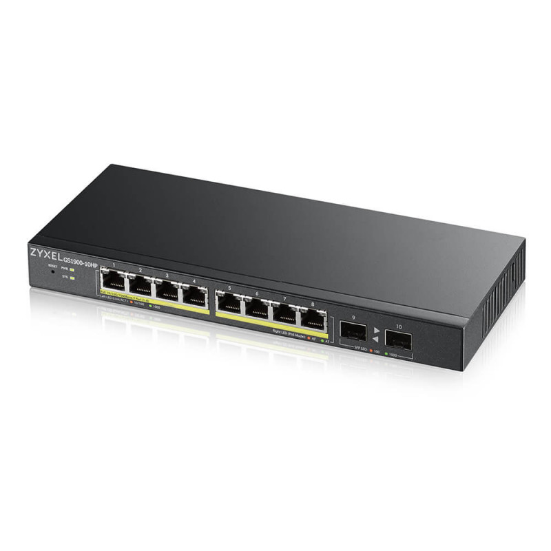 GS1900-10HP - Switch Smart Administrable 8 ports Gbps RJ45 PoE+ - 2 ports Gbps SFP - budget PoE 70 W - non rackable - fanless