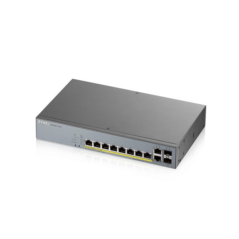 GS1350-12HP -Switch Vidéosurveillance Web-manageable 8 ports Gbps RJ45 PoE - 2 ports Gbps RJ45 – 2 ports Gbps SFP – budget 130 W